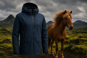 bild der REgenjacke mit Islandpferd und schöner isländischer landschaft